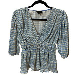 Lumiere Women's Small Gingham Pleated‎ Cropped Blouse Top Blue Yellow V Neck